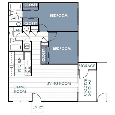 Floor plan for 2 beds, 2 baths, 936 sqft